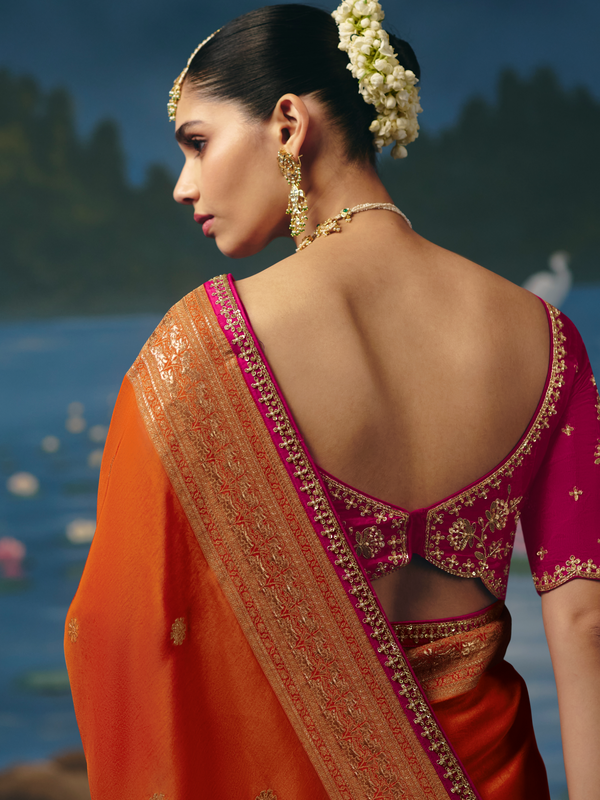 Saffron Orange Banarasi Dola Silk Saree, back view
