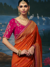 Saffron Orange Banarasi Dola Silk Saree, contrast blouse close-up