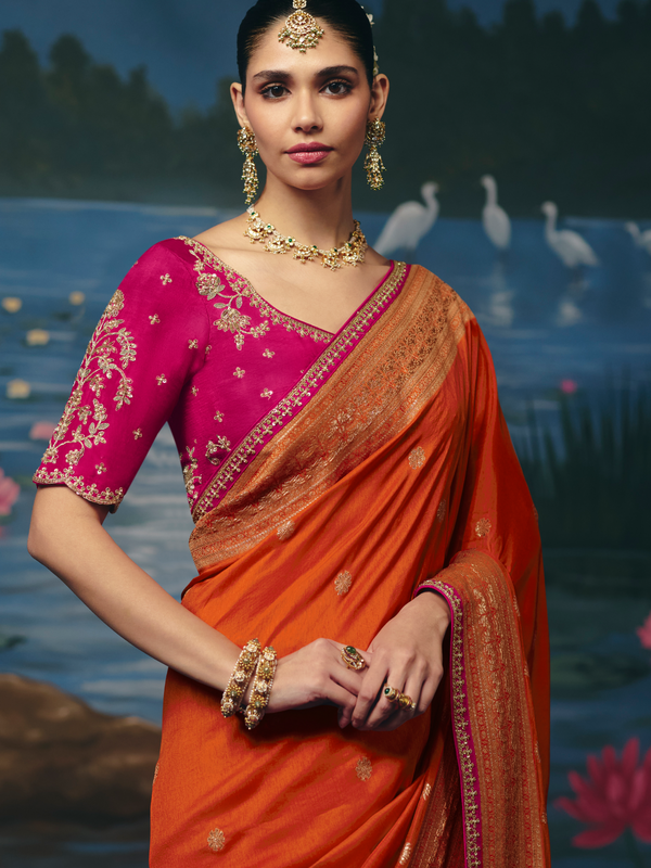 Saffron Orange Banarasi Dola Silk Saree, contrast blouse close-up