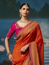 Saffron Orange Banarasi Dola Silk Saree, pallu and blouse