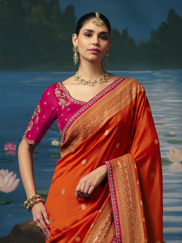 Saffron Orange Banarasi Dola Silk Saree, pallu and blouse