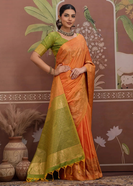 Saffron Orange Tussar Silk Saree with Olive Green Contrast Blouse