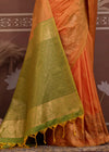 Saffron Orange Tussar Silk Saree with Olive Green Contrast Blouse