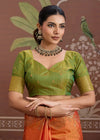 Saffron Orange Tussar Silk Saree with Olive Green Contrast Blouse