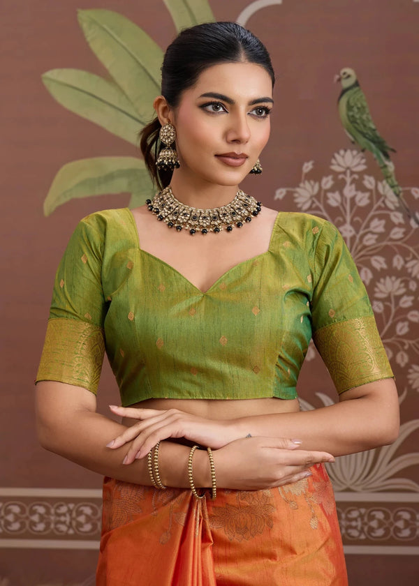 Saffron Orange Tussar Silk Saree with Olive Green Contrast Blouse