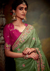 Sage Green Designer Organza Silk Saree With Contrast Blouse