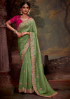 Sage Green Designer Organza Silk Saree With Contrast Blouse