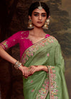 Sage Green Designer Organza Silk Saree With Contrast Blouse