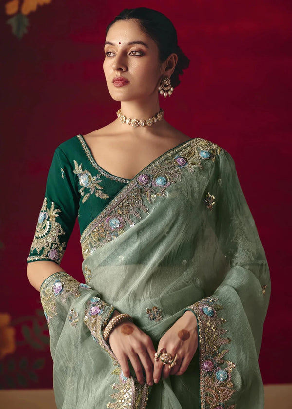Sage Green Designer Silk Saree with Contrast Blouse