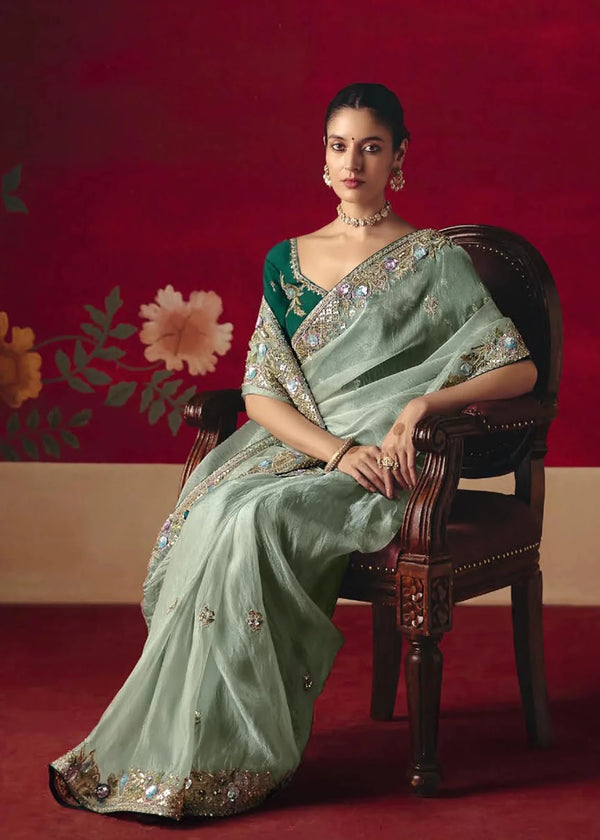 Sage Green Designer Silk Saree with Contrast Blouse
