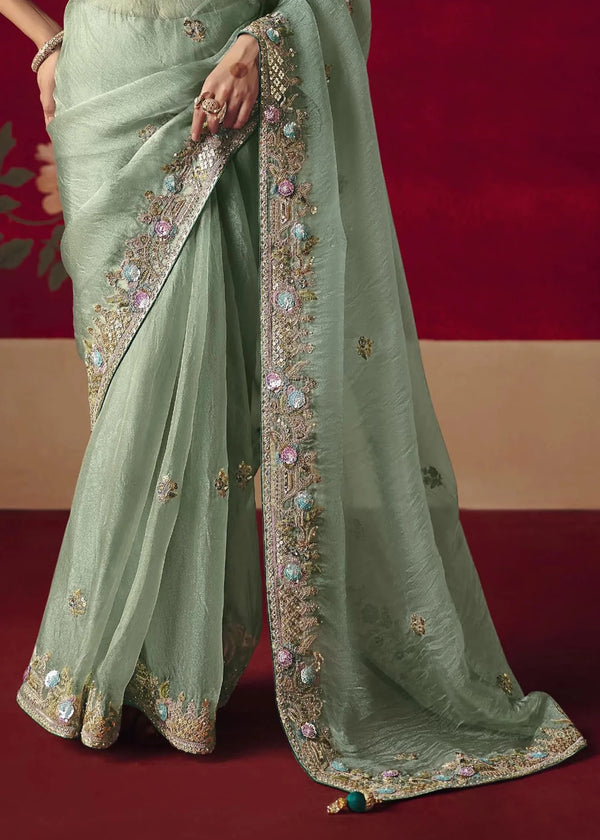 Sage Green Designer Silk Saree with Contrast Blouse