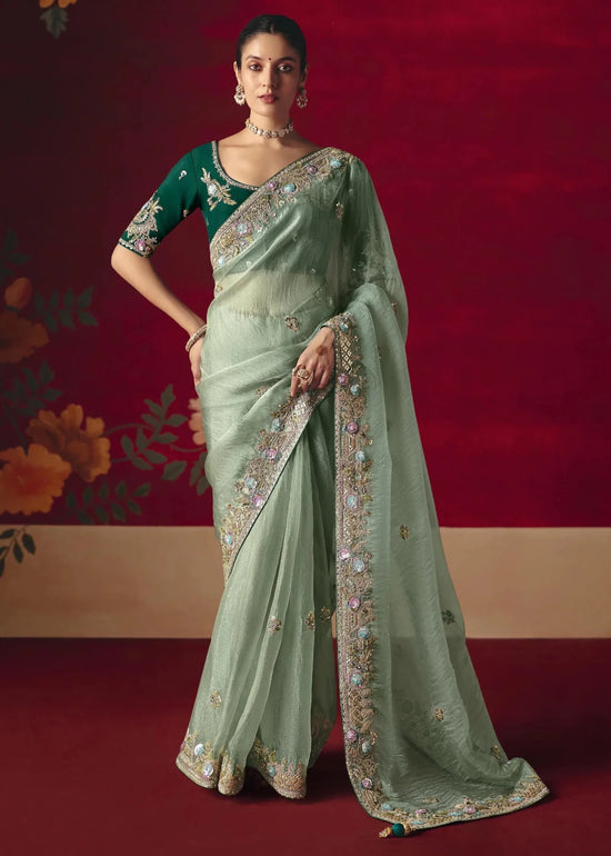 Sage Green Designer Silk Saree with Contrast Blouse