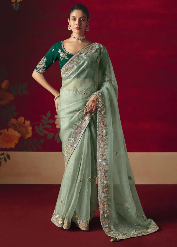 Sage Green Designer Silk Saree with Contrast Blouse