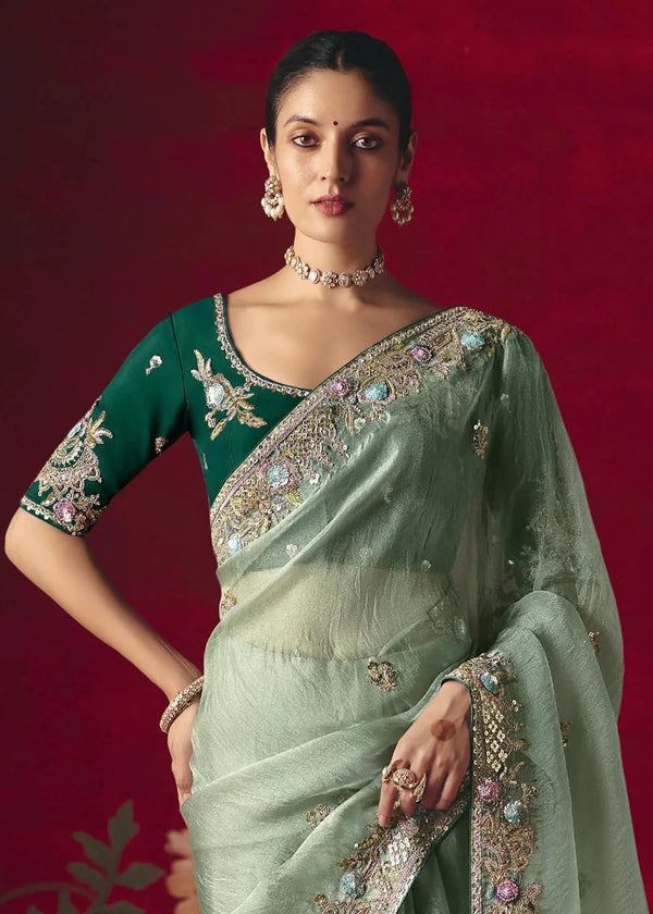 Sage Green Designer Silk Saree with Contrast Blouse