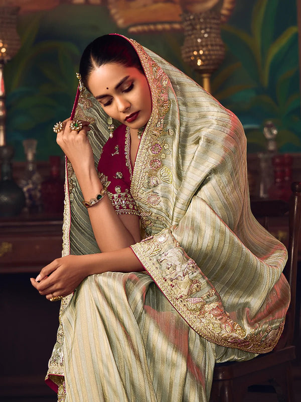 Sage Green Designer Tissue Silk Saree with Contrast Blouse