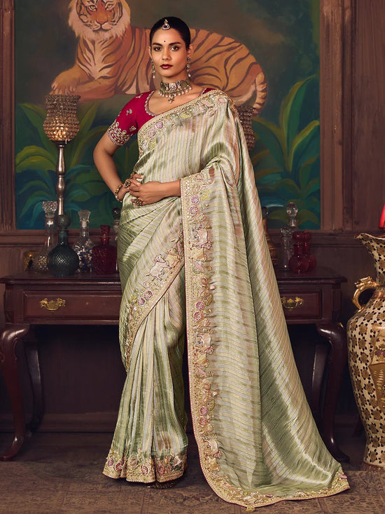 Sage Green Designer Tissue Silk Saree with Contrast Blouse