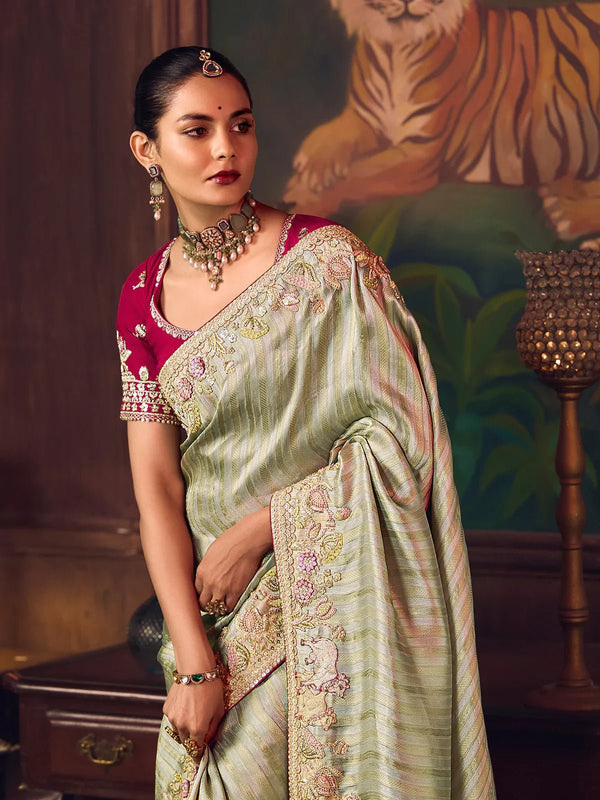 Sage Green Designer Tissue Silk Saree with Contrast Blouse