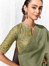 Sage Green Embroidered Designer Chiffon Silk Saree With Contrast Blouse