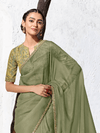 Sage Green Embroidered Designer Chiffon Silk Saree With Contrast Blouse