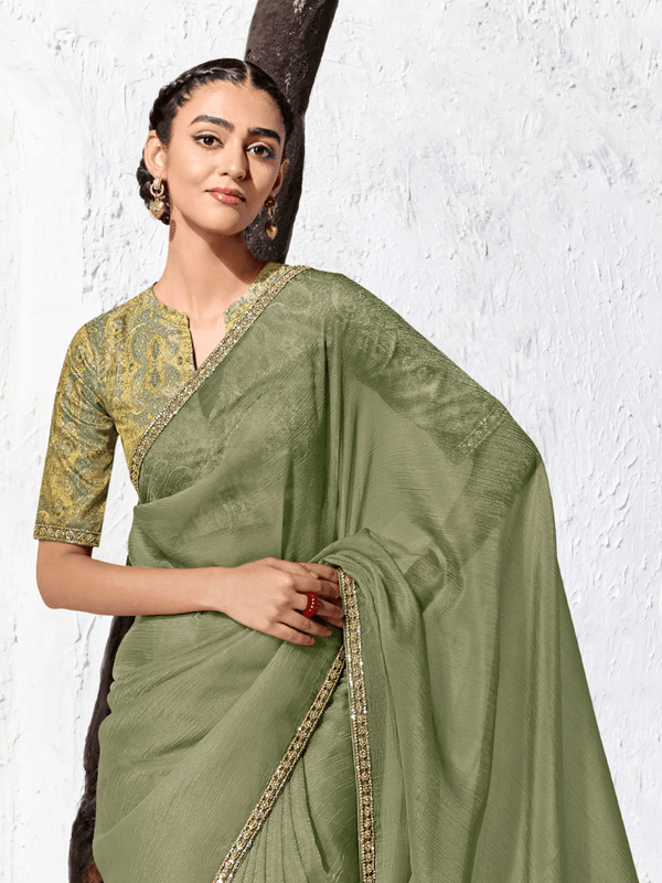 Sage Green Embroidered Designer Chiffon Silk Saree With Contrast Blouse