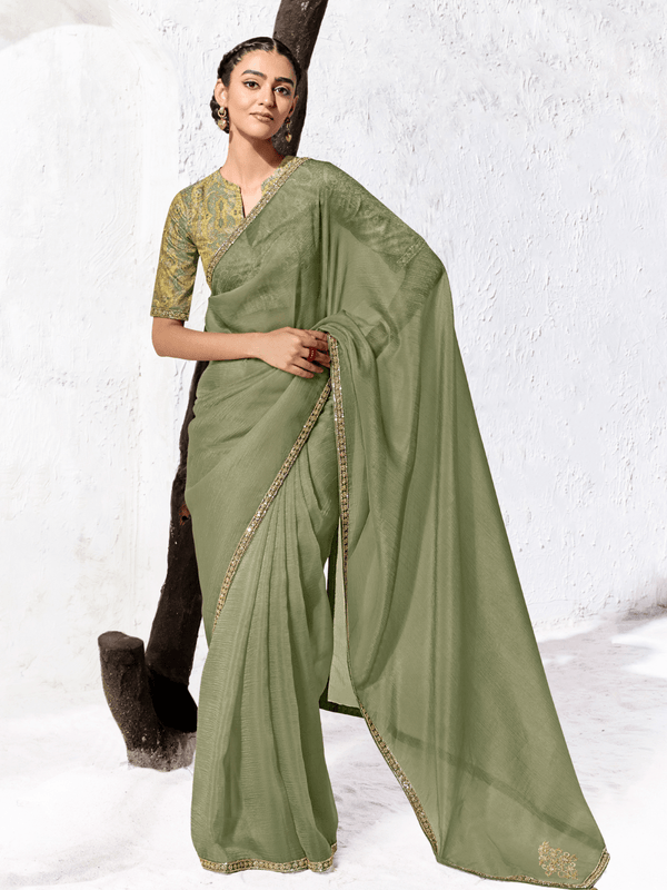 Sage Green Embroidered Designer Chiffon Silk Saree With Contrast Blouse