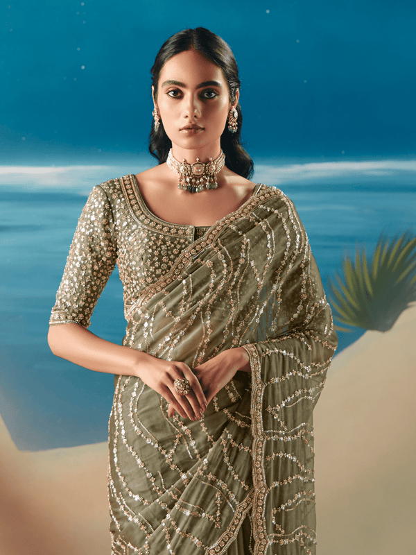 Sage Green Embroidered Designer Organza Silk Saree