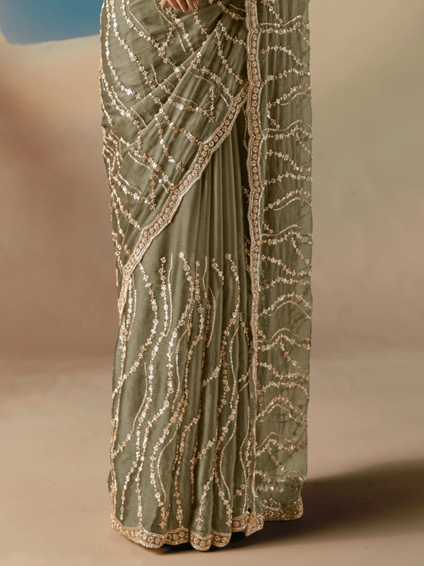 Sage Green Embroidered Designer Organza Silk Saree