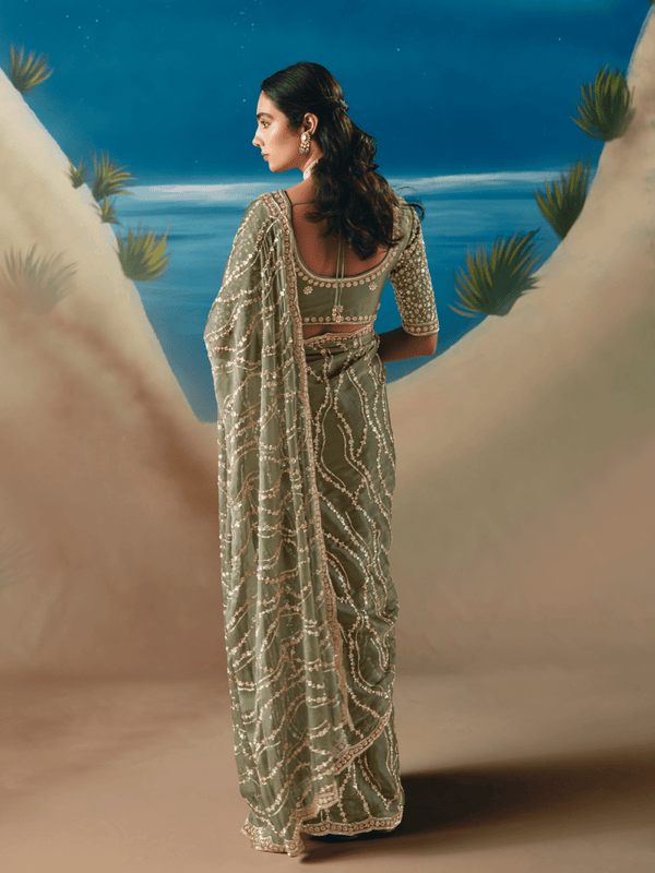Sage Green Embroidered Designer Organza Silk Saree