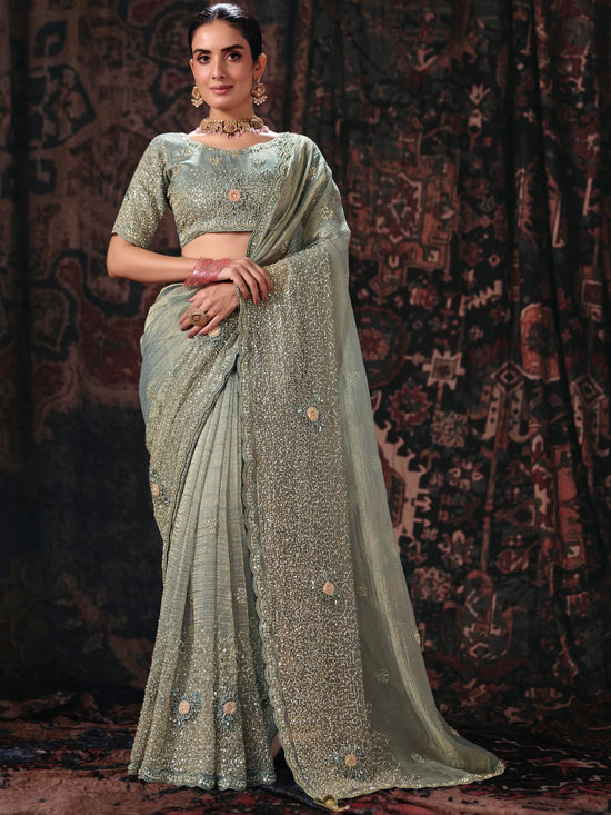 Sage Green Embroidered Designer Tissue Silk Saree