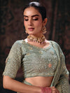 Sage Green Embroidered Designer Tissue Silk Saree, blouse close-up