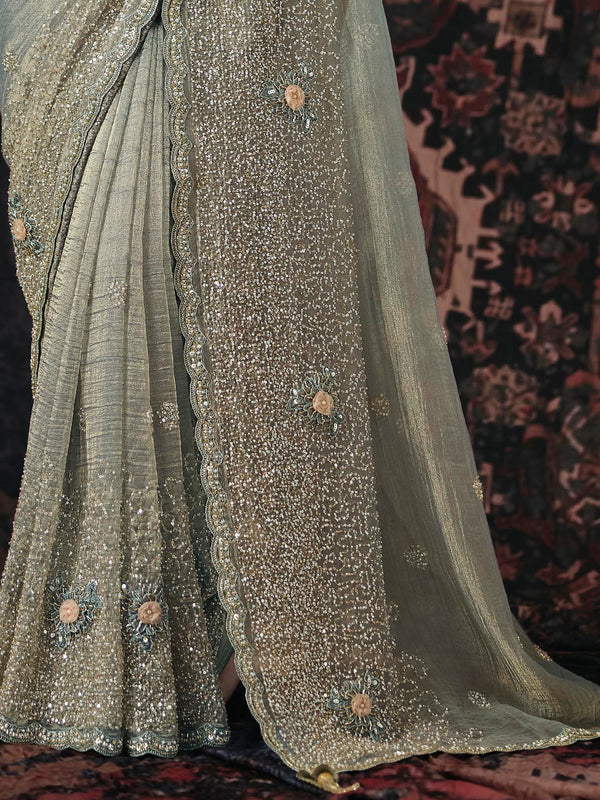 Sage Green Embroidered Designer Tissue Silk Saree, border and drape