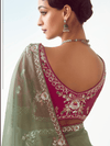 Sage Green Embroidered Designer Tissue Silk Saree With Contrast Blouse