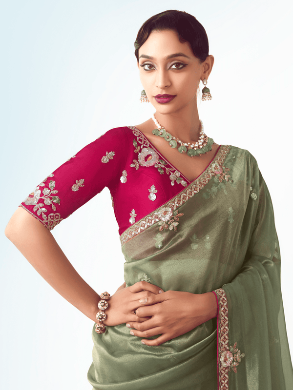 Sage Green Embroidered Designer Tissue Silk Saree With Contrast Blouse