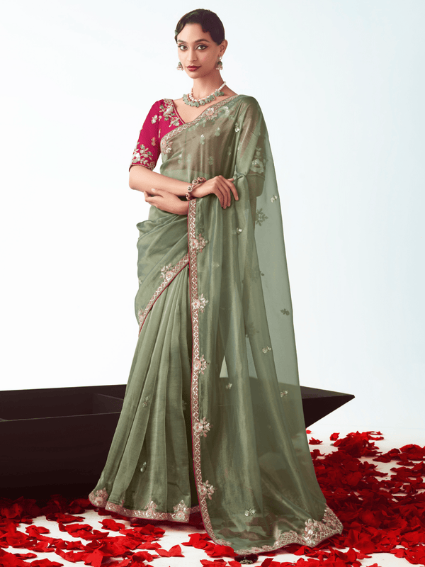 Sage Green Embroidered Designer Tissue Silk Saree With Contrast Blouse