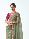 Sage Green Embroidered Designer Tissue Silk Saree With Contrast Blouse