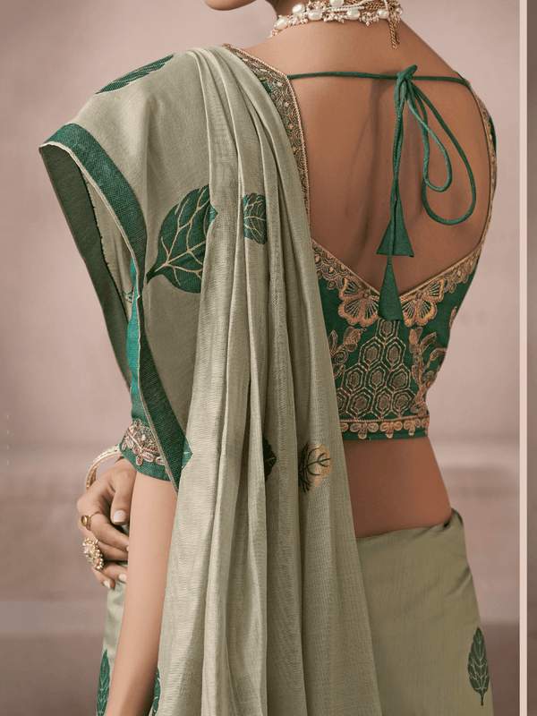 Sage Green Jamdani Cotton Silk Saree With Contrast Blouse