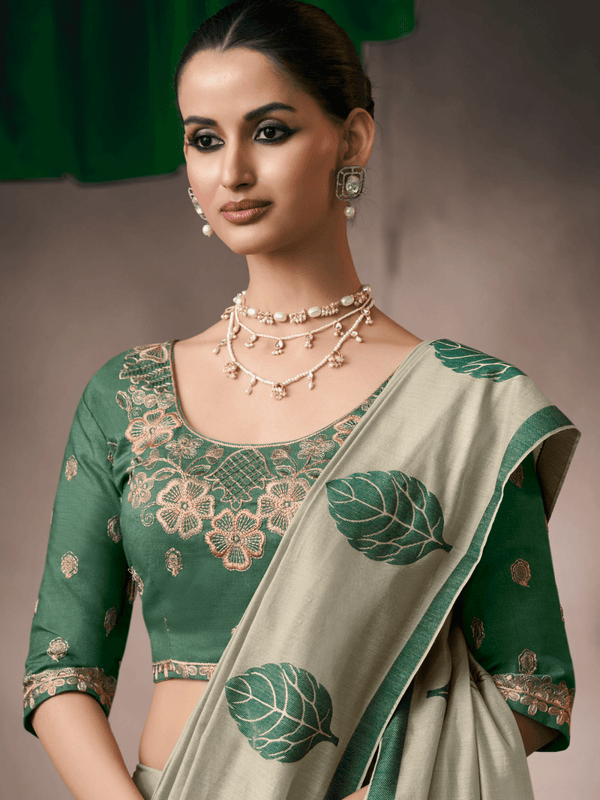Sage Green Jamdani Cotton Silk Saree With Contrast Blouse