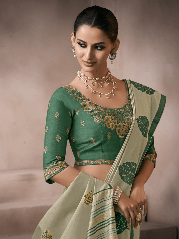 Sage Green Jamdani Cotton Silk Saree With Contrast Blouse