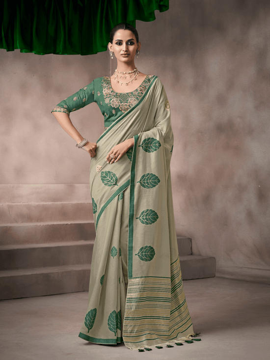 Sage Green Jamdani Cotton Silk Saree With Contrast Blouse
