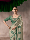 Sage Green Jamdani Cotton Silk Saree With Contrast Blouse