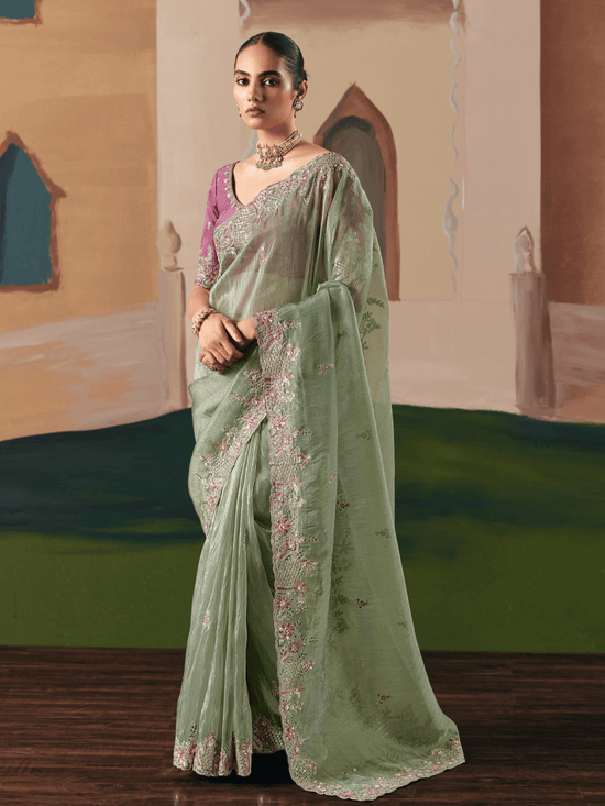 Sage Green Organza Silk Saree