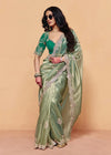 Sage Green Tissue Silk Designer Saree with Teal Contrast Blouse
