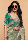 Sage Green Tissue Silk Designer Saree with Teal Contrast Blouse