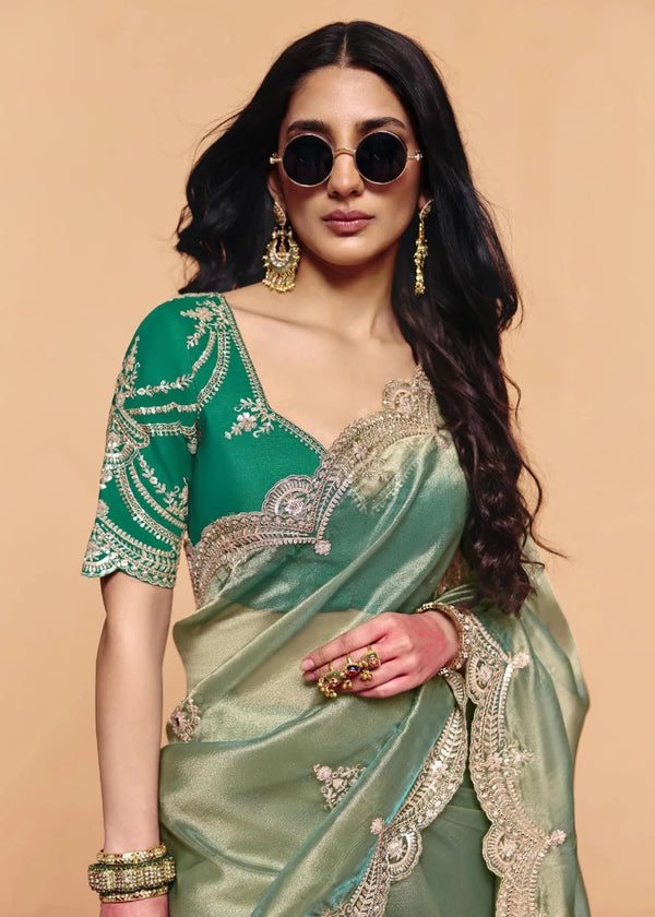 Sage Green Tissue Silk Designer Saree with Teal Contrast Blouse
