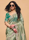 Sage Green Tissue Silk Designer Saree with Teal Contrast Blouse