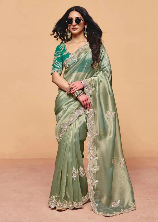 Sage Green Tissue Silk Designer Saree with Teal Contrast Blouse