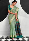 Sage Green Woven Designer Linen Cotton Saree
