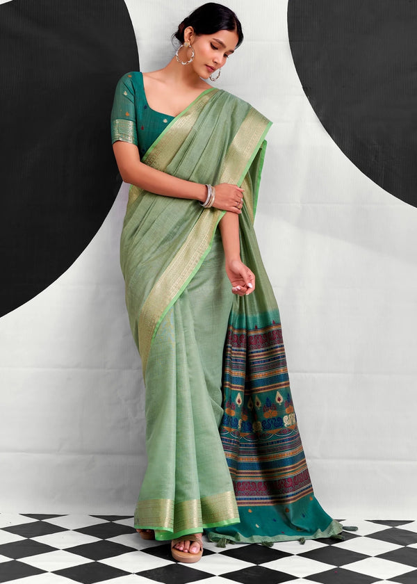 Sage Green Woven Designer Linen Cotton Saree