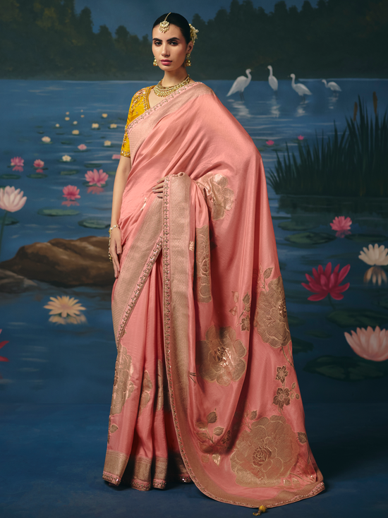 Salmon Pink Banarasi Dola Silk Saree With Contrast Blouse