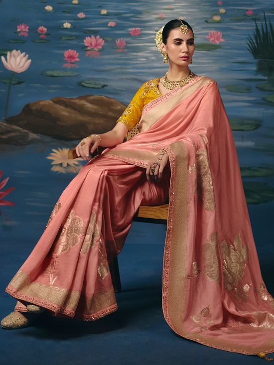 Salmon Pink Banarasi Dola Silk Saree With Contrast Blouse
